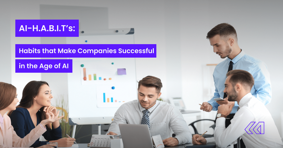 Business team discussing AI strategies and data insights in a collaborative meeting, illustrating key habits for successful AI adoption in companies.