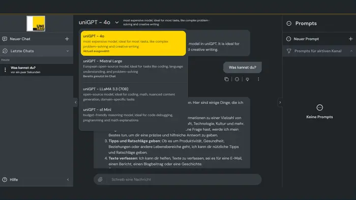 UniGPT Oberfläche - KI-Chatbot
